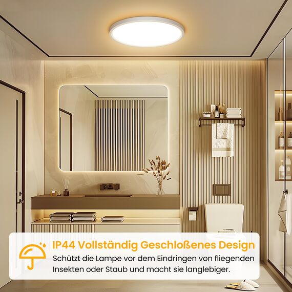 NIBSHOOM LED Deckenleuchte, 24W 2400LM Superschlanke Deckenlampe 3000K IP44 Wasserfest für Wohnzimmer Badezimmer Schlafzimmer Küche Flur Balkon, Rund und Flach Modern Led Lampen Ø300*H24mm, Warmweiß