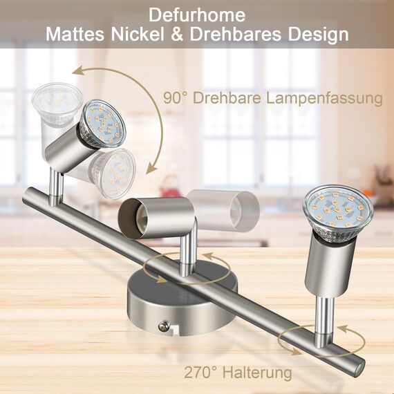 Defurhome LED Deckenleuchte Drehbar, 3 Flammig LED Strahler Deckenlampe Spot,Modern Deckenstrahler (Mattes Nickel), inkl. 3 x 4W GU10 LED Lampen (400LM, warmweiß)