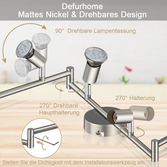 Defurhome LED Deckenleuchte Drehbar, 6 Flammig LED Strahler Deckenlampe Spot,Modern Deckenstrahler (Mattes Nickel), inkl. 6 x 4 W GU10 LED Lampen (400LM, warmweiß)