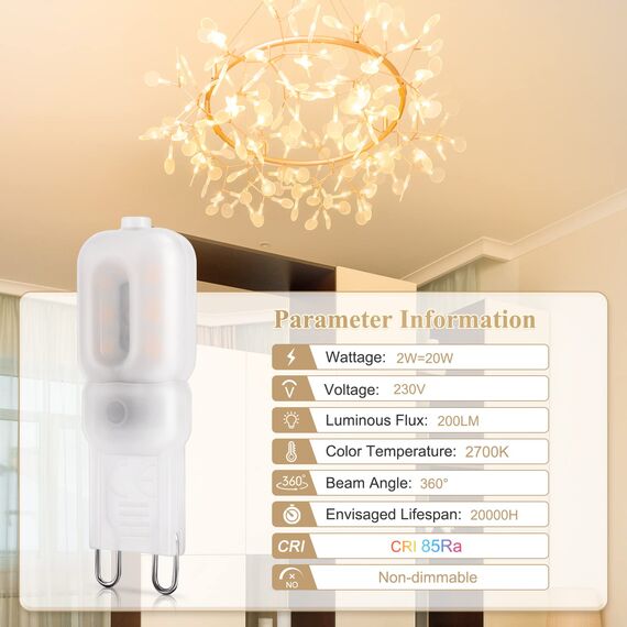 DiCUNO G9 LED Lampen 2W, entspricht 20W Halogenbirne, warmweiß 2700K, 200LM Energiesparlampe, kleine LED Birne G9, kein Flackern, nicht dimmbar, 10er Set