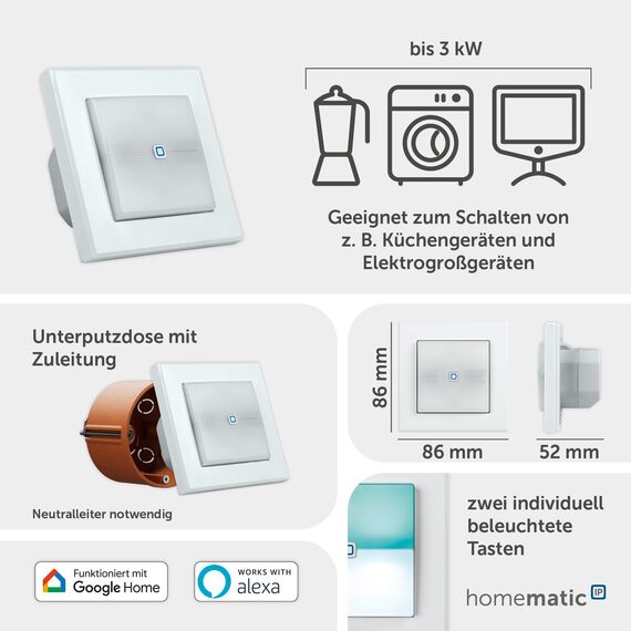 Homematic IP Smart Home Schaltaktor für Markenschalter – mit Signalleuchte, zwei beleuchtete Tasten, steuert Geräte und Leuchten per App, Alexa & Google Assistant, Energie sparen, 152020A0