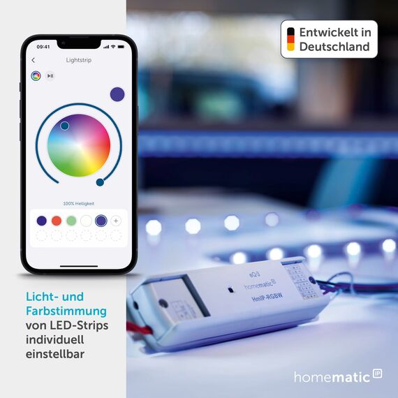 Homematic IP Smart Home LED Controller – RGBW, indirekte Beleuchtung, steuert Lightstrips. LED-Strips per App, Google Assistant und Alexa, 157662A0