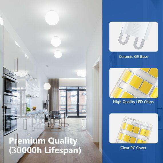 TASMOR G9 LED-Glühbirnen 8W, Cool White 6500K, entspricht 80W Halogen-Glühbirnen, kein Flimmern, nicht dimmbar, energiesparende LED-Glühbirnen, 5er Pack