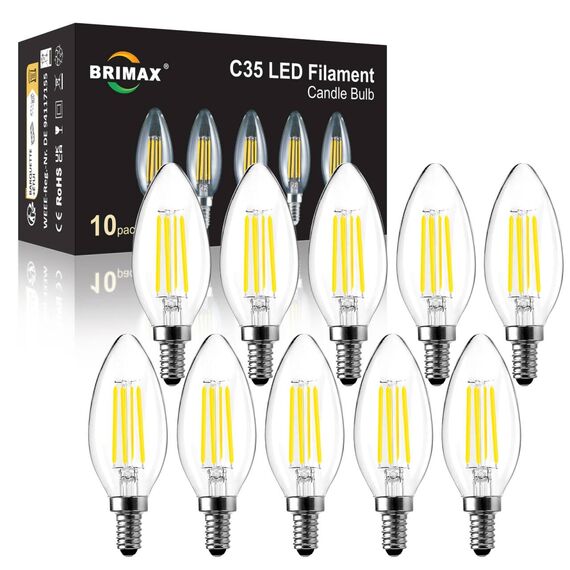 BRIMAX LED 10 Stück 5000K Kaltweiss Kerzen Glühbirnen, Dimmbar, E14 Fassung, 4W ersetzt 40 Watt, 400 Lumen, AC220-240V, Glas Klar Edison Fadenlampe C35 für Kronleuchter Tischlampen Wandlampen