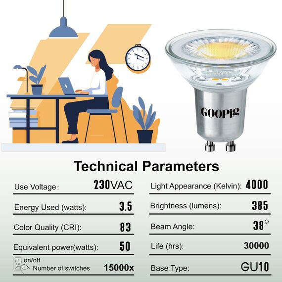 Goopig GU10 LED Lampe 4000K Neutralweiss 3.5W Ersetzt 50W Halogen Glühbirne, 6er-Pack, 385lm AC 230V Leuchtmittel, Flimmerfrei 38° Strahler, Nicht Dimmbar Reflektorlampe, Abstrahlwinkel-360° Birnen