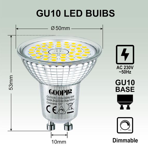 Goopig GU10 LED Dimmbar Lampe 6W Kaltweiss 6000K Ersetzt 65W Glühbirne, 6er-Pack, 655lm AC 230V Leuchtmittel, Flimmerfrei Strahler, Reflektorlampe, Abstrahlwinkel-120° Birnen