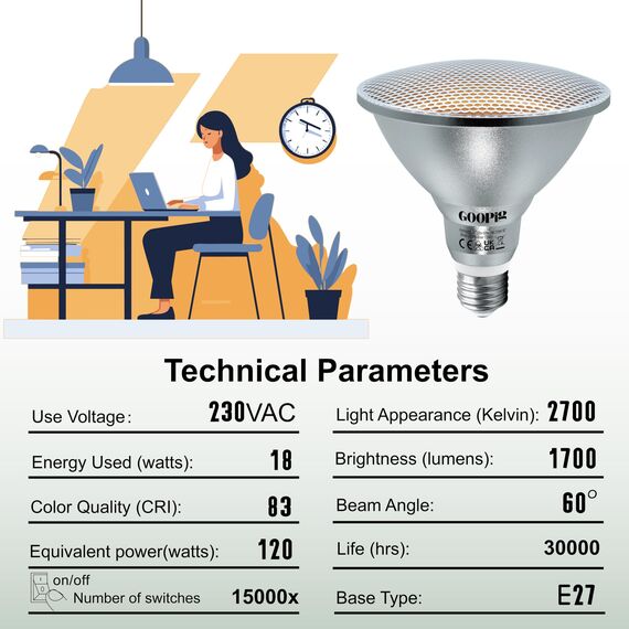 Goopig E27 PAR38 LED Lampe Nicht Dimmbar, 18W Warmweiß 2700K Ersetzt 120W Halogen Glühlampe, 2er-Pack, 2000lm AC 230V Leuchtmittel, Flimmerfrei Strahler, Reflektorlampe IP65 Abstrahlwinkel-60° Birnen