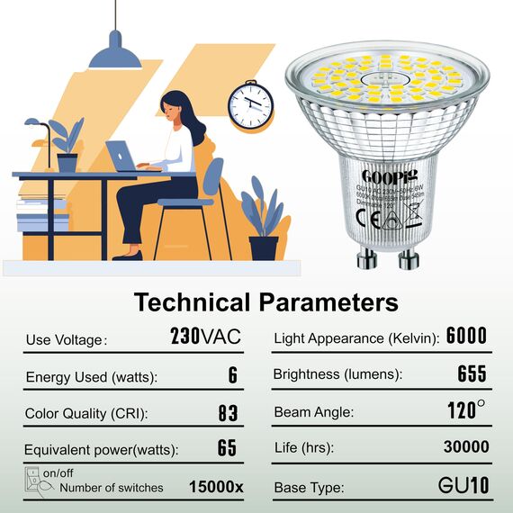 Goopig GU10 LED Dimmbar Lampe 6W Kaltweiss 6000K Ersetzt 65W Glühbirne, 6er-Pack, 655lm AC 230V Leuchtmittel, Flimmerfrei Strahler, Reflektorlampe, Abstrahlwinkel-120° Birnen