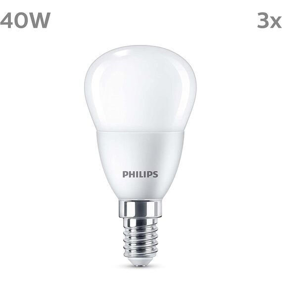 Philips LED Tropfenlampe ersetzt 40W, E14, warmweißes Licht (2700 Kelvin), 470 Lumen, matt, 3er Pack, Warmweiß