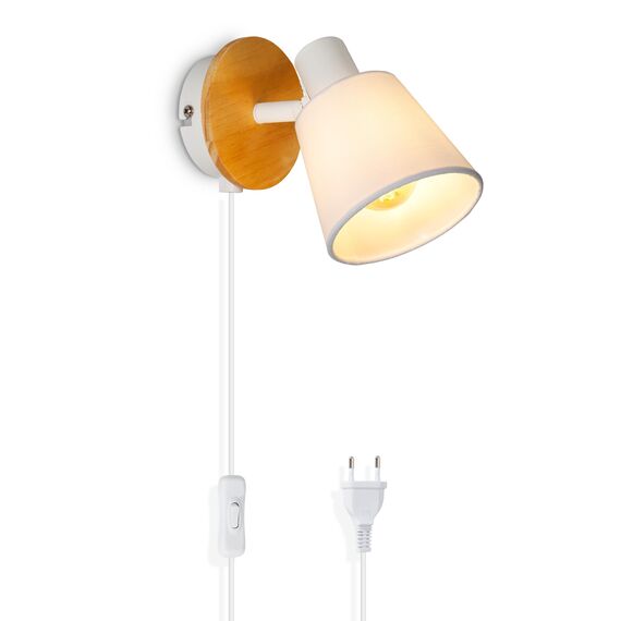 Ketom E14 Wandleuchte Innen Weiß Rund, Wandlampe mit Schalter und Stecker Holz, Wandstrahler Vintage Retro, Verstellbare Stoff Wand Lampen für Wohnzimmer Schlafzimmer, Ohne Leuchtmittel