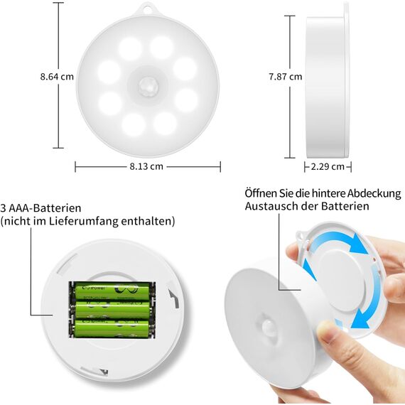 daphomeu Nachtlicht mit Bewegungsmelder，3*AAA Batteriebetriebene lampen， Auto ON/OFF, Schrankbeleuchtung，Bewegungsmelder innen für Treppe, Schlafzimmer, Küche, Kinderzimmer.（Kaltweiß 6 Stück）