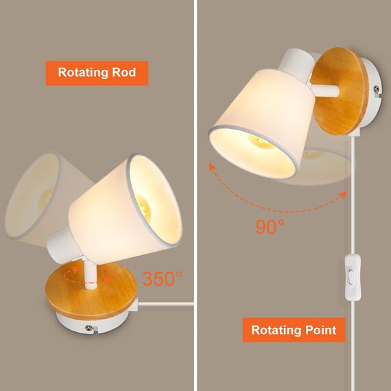 Ketom 2 Stück E14 Wandleuchte Innen Weiß Rund, Wandlampe mit Schalter und Stecker Holz, Wandstrahler Vintage, Verstellbare Stoff Wand Lampen für Wohnzimmer Schlafzimmer, Ohne Leuchtmittel