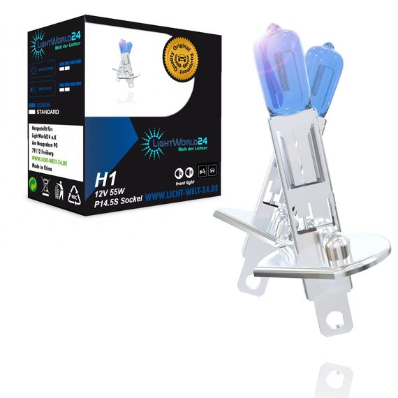 LIGHTWORLD24 Auto Lampe H1 Motorrad Birne Halogen Scheinwerferlampe Abblendlicht Glühbirne P14.5s Sockel 12V 55 Watt Xenon Optik 2 Stück