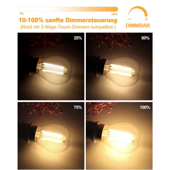 BRIMAX Dimmbare E27 LED Glühbirnen, G45 Kleine Leuchtmittel, Energiesparend 6 Watt 600 Lumen, Warmweiss 2700K, AC220-240V Glas Edison Lampen für Dekoration und Beleuchtung, 4 Stück