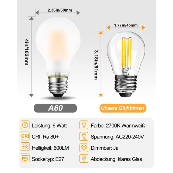 BRIMAX Dimmbare E27 LED Glühbirnen, G45 Kleine Leuchtmittel, Energiesparend 6 Watt 600 Lumen, Warmweiss 2700K, AC220-240V Glas Edison Lampen für Dekoration und Beleuchtung, 4 Stück