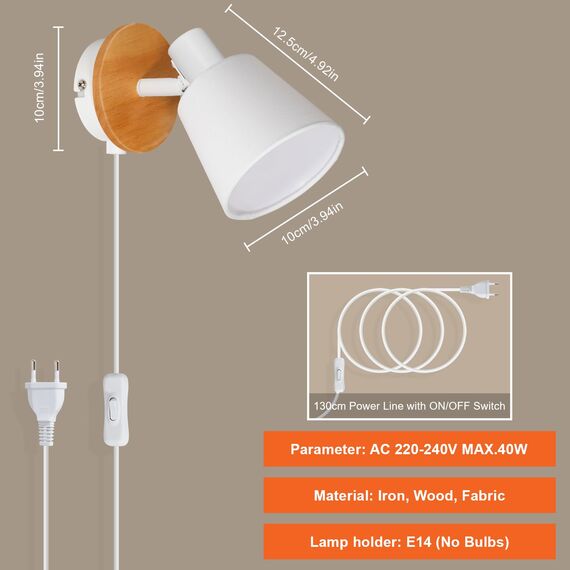 Ketom 2 Stück E14 Wandleuchte Innen Weiß Rund, Wandlampe mit Schalter und Stecker Holz, Wandstrahler Vintage, Verstellbare Stoff Wand Lampen für Wohnzimmer Schlafzimmer, Ohne Leuchtmittel