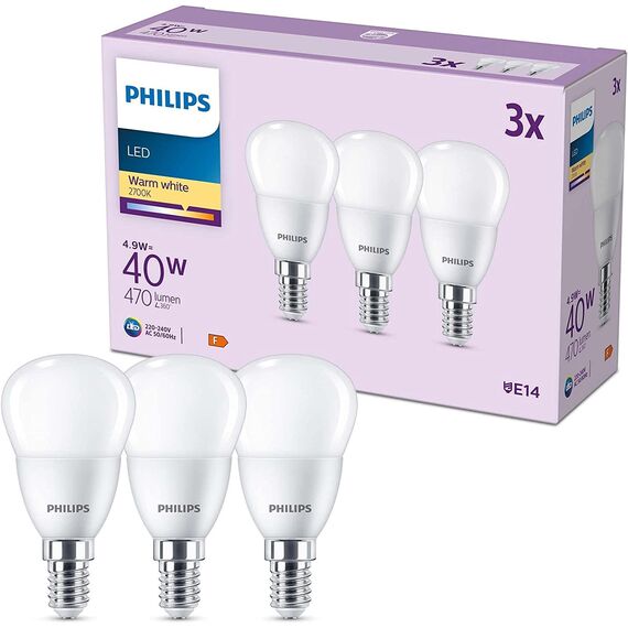 Philips LED Tropfenlampe ersetzt 40W, E14, warmweißes Licht (2700 Kelvin), 470 Lumen, matt, 3er Pack, Warmweiß