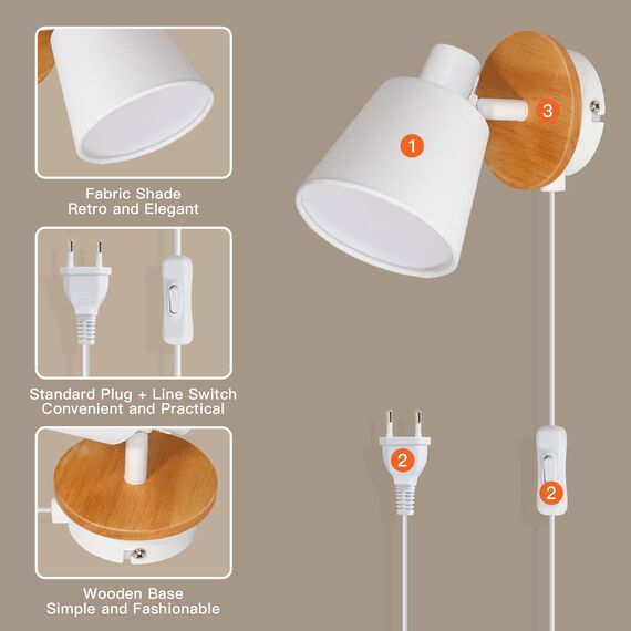 Ketom 2 Stück E14 Wandleuchte Innen Weiß Rund, Wandlampe mit Schalter und Stecker Holz, Wandstrahler Vintage, Verstellbare Stoff Wand Lampen für Wohnzimmer Schlafzimmer, Ohne Leuchtmittel