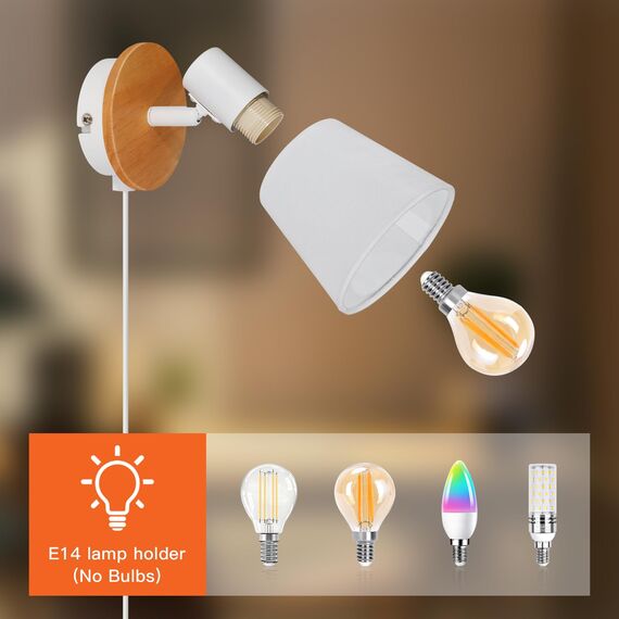 Ketom 2 Stück E14 Wandleuchte Innen Weiß Rund, Wandlampe mit Schalter und Stecker Holz, Wandstrahler Vintage, Verstellbare Stoff Wand Lampen für Wohnzimmer Schlafzimmer, Ohne Leuchtmittel