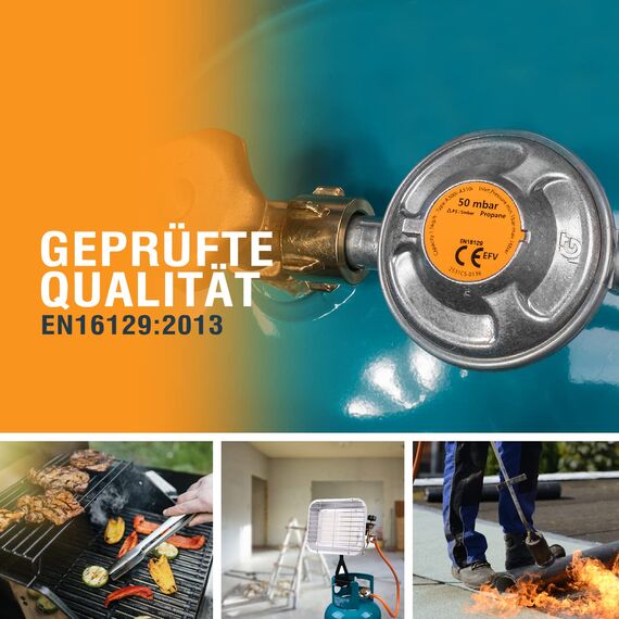 Gasschlauch Set bestehend aus Gasdruckregler 50 mbar und flexiblem Gasschlauch 80 cm - ideal für Gasgrills, Heizstrahler, Hockerkocher, Gaskocher, Lampen, uvm.