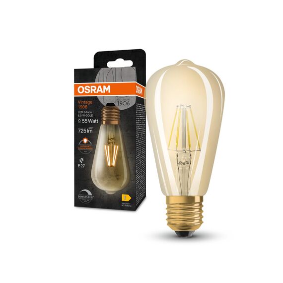Osram Dimmbare LED-Lampen, Vintage-Edition, 55 Watts Ersatz, E27, ST64-shape, 2400 Kelvin, Comfort warm white, Klares Glas, single Pack