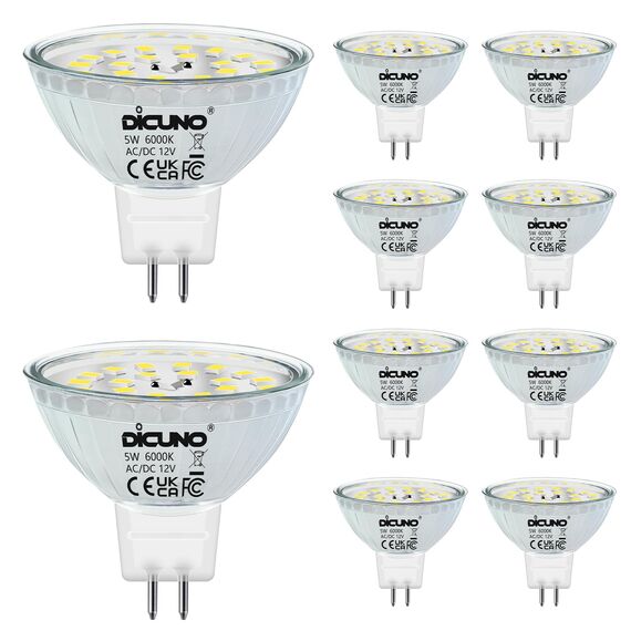 DiCUNO GU5.3 LED Lampen 5W, 12V MR16 Reflektor, Ersetzt 50W Halogen Spots, 6000K Kaltweiß, 500lm, 120°Abstrahlwinkel, LED Leuchtmittel, AC/DC, Flimmerfrei, Nicht dimmbar, 6er Pack