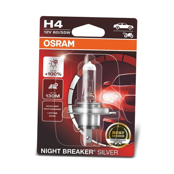 Osram Night Breaker Silver H4, +100% mehr Helligkeit, Halogen-Scheinwerferlampe, 64193NBS-01B, 12V Pkw, Einzelblister (1 Lampe)
