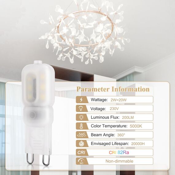 DiCUNO G9 LED Lampen 2W, entspricht 20W Halogenbirne, kaltweiß 5000K, 200LM Energiesparlampe, kleine LED Birne G9, kein Flackern, nicht dimmbar, 10er Set