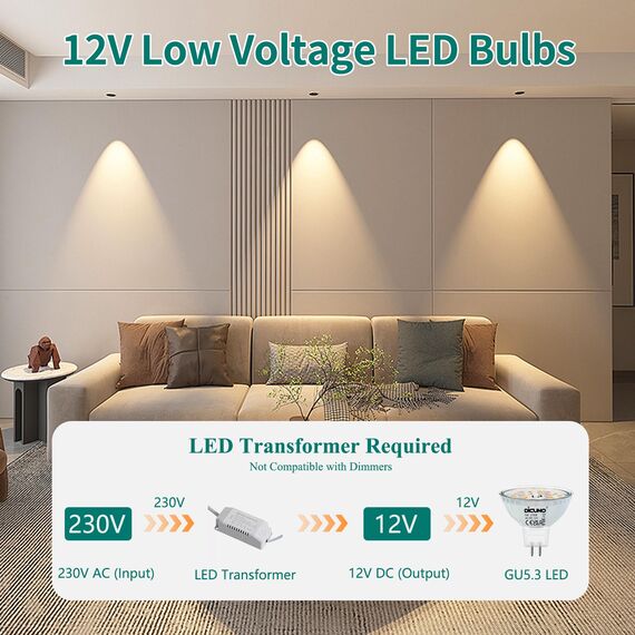 DiCUNO GU5.3 LED Lampen 5W, 12V MR16 Reflektor, Ersetzt 50W Halogen Spots, 2700K Warmweiß, 440lm, 120°Abstrahlwinkel, LED Leuchtmittel, AC/DC, Flimmerfrei, Nicht dimmbar, 6er Pack