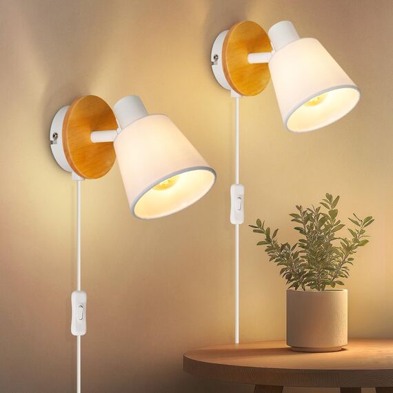 Ketom 2 Stück E14 Wandleuchte Innen Weiß Rund, Wandlampe mit Schalter und Stecker Holz, Wandstrahler Vintage, Verstellbare Stoff Wand Lampen für Wohnzimmer Schlafzimmer, Ohne Leuchtmittel