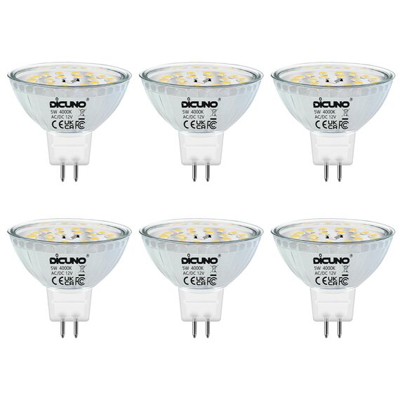 DiCUNO GU5.3 LED Lampen 5W, 12V MR16 Reflektor, Ersetzt 50W Halogen Spots, 4000K Neutralweiß, 500lm, 120°Abstrahlwinkel, LED Leuchtmittel, AC/DC, Flimmerfrei, Nicht dimmbar, 6er Pack