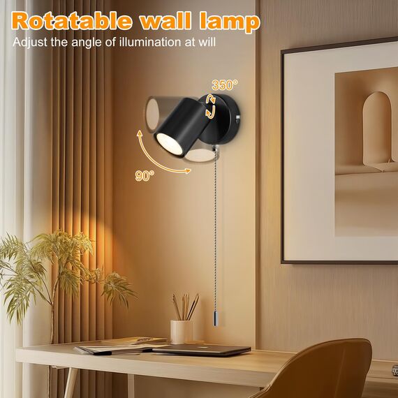 Ketom GU10 Wandlampe mit Schalter, Moderne Schwenkbar Wandlampe Innen, LED Wandleuchte Innen, Wandstrahler Schwarz für Schlafzimmer, Wohnzimmer, Flur, Treppenhaus, Ohne Leuchtmittel