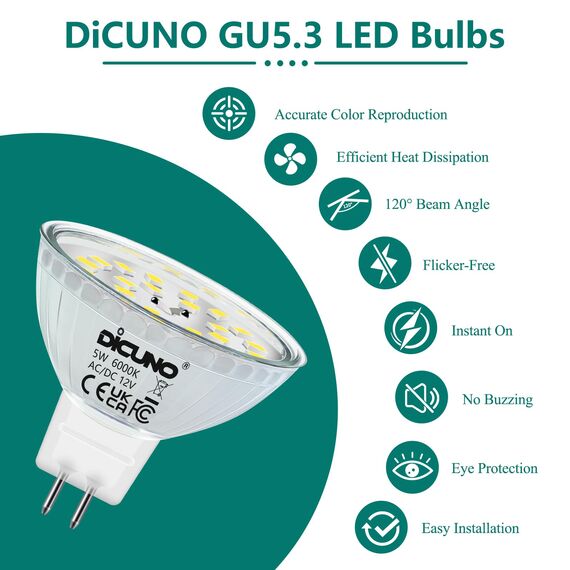 DiCUNO GU5.3 LED Lampen 5W, 12V MR16 Reflektor, Ersetzt 50W Halogen Spots, 6000K Kaltweiß, 500lm, 120°Abstrahlwinkel, LED Leuchtmittel, AC/DC, Flimmerfrei, Nicht dimmbar, 6er Pack