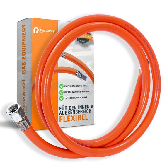 Gasschlauch 200 cm, 1/4" links, Winterfest und flexibel, Orange - ideal für Gasgrills, Heizstrahler, Hockerkocher, Gaskocher, Lampen, uvm.