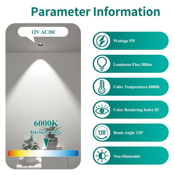 DiCUNO GU5.3 LED Lampen 5W, 12V MR16 Reflektor, Ersetzt 50W Halogen Spots, 6000K Kaltweiß, 500lm, 120°Abstrahlwinkel, LED Leuchtmittel, AC/DC, Flimmerfrei, Nicht dimmbar, 6er Pack
