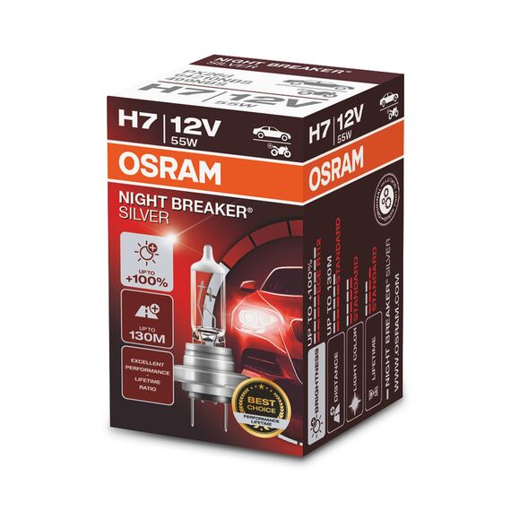 Osram Night Breaker Silver H7, +100% mehr Helligkeit, Halogen-Scheinwerferlampe, 64210NBS, 12V Pkw, Faltschachtel (1 Lampe)