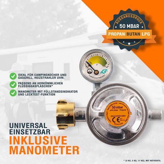 Gasschlauch Set bestehend aus Gasdruckregler 50 mbar mit Manometer und Sicherheitsventil sowie flexiblem Gasschlauch 80 cm - ideal für Gasgrills, Heizstrahler, Hockerkocher, Gaskocher, Lampen, uvm.