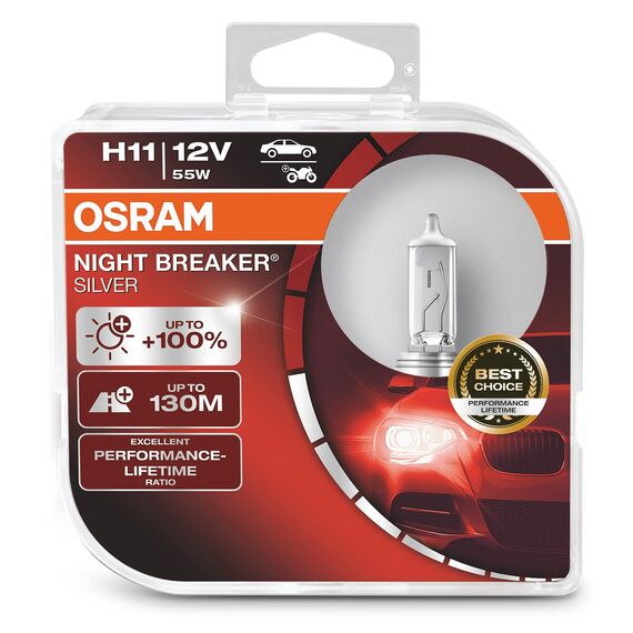 Osram Night Breaker Silver H11, +100% mehr Helligkeit, Halogen-Scheinwerferlampe, 64211NBS-HCB, 12V Pkw, Duo Box (2 Lampen)