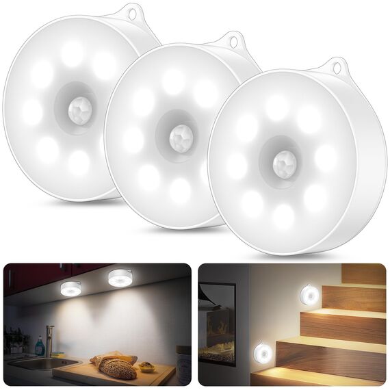 daphomeu Nachtlicht mit Bewegungsmelder，3*AAA Batteriebetriebene lampen， Auto ON/OFF, Schrankbeleuchtung，Bewegungsmelder innen für Treppe, Schlafzimmer, Küche, Kinderzimmer.（Kaltweiß 3 Stück）