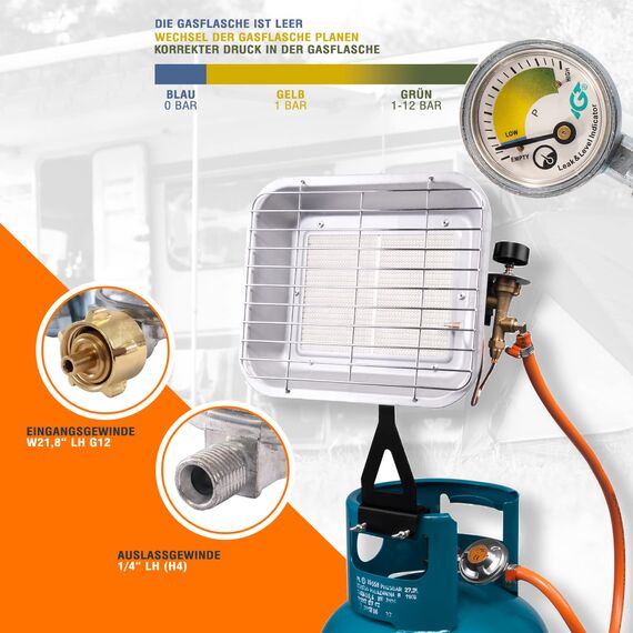 Gasschlauch Set bestehend aus Gasdruckregler 50 mbar mit Manometer und Sicherheitsventil sowie flexiblem Gasschlauch 150 cm - ideal für Gasgrills, Heizstrahler, Hockerkocher, Gaskocher, Lampen, uvm.