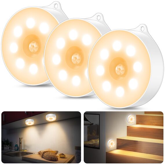 Nachtlicht mit Bewegungsmelder，3*AAA Batteriebetriebene lampen， Auto ON/OFF, Schrankbeleuchtung，Bewegungsmelder innen für Treppe, Schlafzimmer, Küche, Kinderzimmer. warmes Licht （Warmweiß 3 Stück）