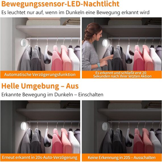 daphomeu Nachtlicht mit Bewegungsmelder，3*AAA Batteriebetriebene lampen， Auto ON/OFF, Schrankbeleuchtung，Bewegungsmelder innen für Treppe, Schlafzimmer, Küche, Kinderzimmer.（Kaltweiß 6 Stück）