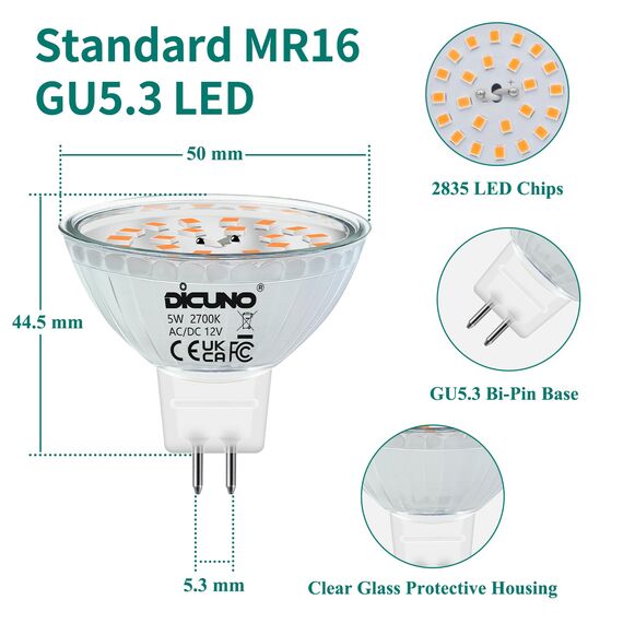 DiCUNO GU5.3 LED Lampen 5W, 12V MR16 Reflektor, Ersetzt 50W Halogen Spots, 2700K Warmweiß, 440lm, 120°Abstrahlwinkel, LED Leuchtmittel, AC/DC, Flimmerfrei, Nicht dimmbar, 10er Pack
