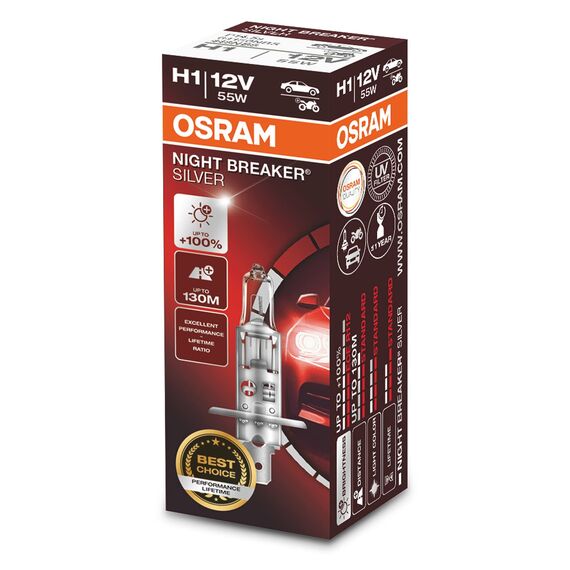 Osram Night Breaker Silver H1, +100% mehr Helligkeit, Halogen-Scheinwerferlampe, 64150NBS, 12V Pkw, Faltschachtel (1 Lampe)