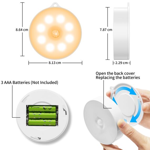 Nachtlicht mit Bewegungsmelder，3*AAA Batteriebetriebene lampen， Auto ON/OFF, Schrankbeleuchtung，Bewegungsmelder innen für Treppe, Schlafzimmer, Küche, Kinderzimmer. warmes Licht （Warmweiß 6 Stück）