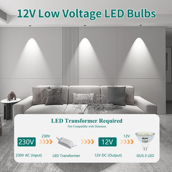 DiCUNO GU5.3 LED Lampen 5W, 12V MR16 Reflektor, Ersetzt 50W Halogen Spots, 6000K Kaltweiß, 500lm, 120°Abstrahlwinkel, LED Leuchtmittel, AC/DC, Flimmerfrei, Nicht dimmbar, 6er Pack