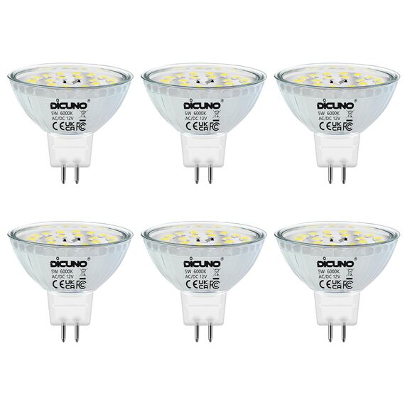 DiCUNO GU5.3 LED Lampen 5W, 12V MR16 Reflektor, Ersetzt 50W Halogen Spots, 6000K Kaltweiß, 500lm, 120°Abstrahlwinkel, LED Leuchtmittel, AC/DC, Flimmerfrei, Nicht dimmbar, 6er Pack