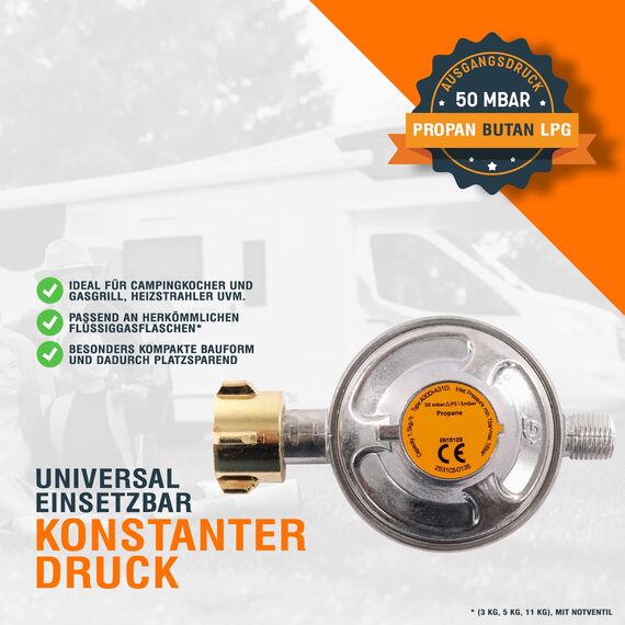 Gasschlauch Set bestehend aus Gasdruckregler 50 mbar und flexiblem Gasschlauch 80 cm - ideal für Gasgrills, Heizstrahler, Hockerkocher, Gaskocher, Lampen, uvm.