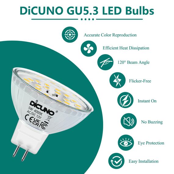 DiCUNO GU5.3 LED Lampen 5W, 12V MR16 Reflektor, Ersetzt 50W Halogen Spots, 4000K Neutralweiß, 500lm, 120°Abstrahlwinkel, LED Leuchtmittel, AC/DC, Flimmerfrei, Nicht dimmbar, 6er Pack