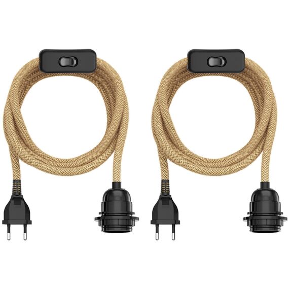 ledscom.de 2 Stück Hanf-Kabel/Textilkabel LEKA, Stecker, Schalter, beige, 3 m, Lampen-Fassung, 1x E27 max. 60W